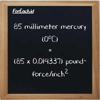 How to convert millimeter mercury (0<sup>o</sup>C) to pound-force/inch<sup>2</sup>: 85 millimeter mercury (0<sup>o</sup>C) (mmHg) is equivalent to 85 times 0.019337 pound-force/inch<sup>2</sup> (lbf/in<sup>2</sup>)